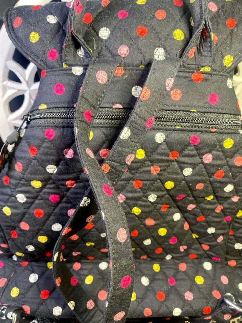 NWOT Vera Bradley Havana Dot Black Quilted Backpack‎ with Multicolor Dots